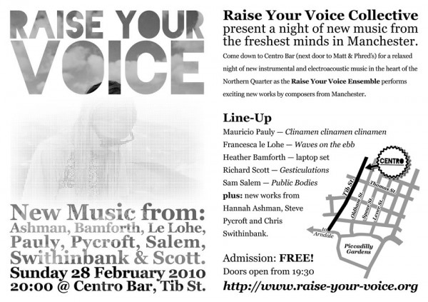 Flyer for Raise Your Voice Ensemble at Centro Bar, 28.02.2010
