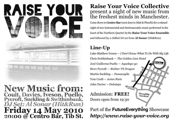 Flyer for Raise Your Voice Ensemble @ Centro Bar, Friday 14 May